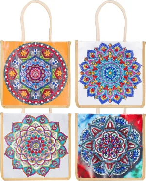 Diamond Painting Canvas Tote Bags 4 Pack Boho Diamond Dots Dotz Art Kits Shoulder Bags 5D DIY Handbags Handmade Gifts Reusable Shopping Bags with Handles for Women Adults Work (Mandala Flowers)