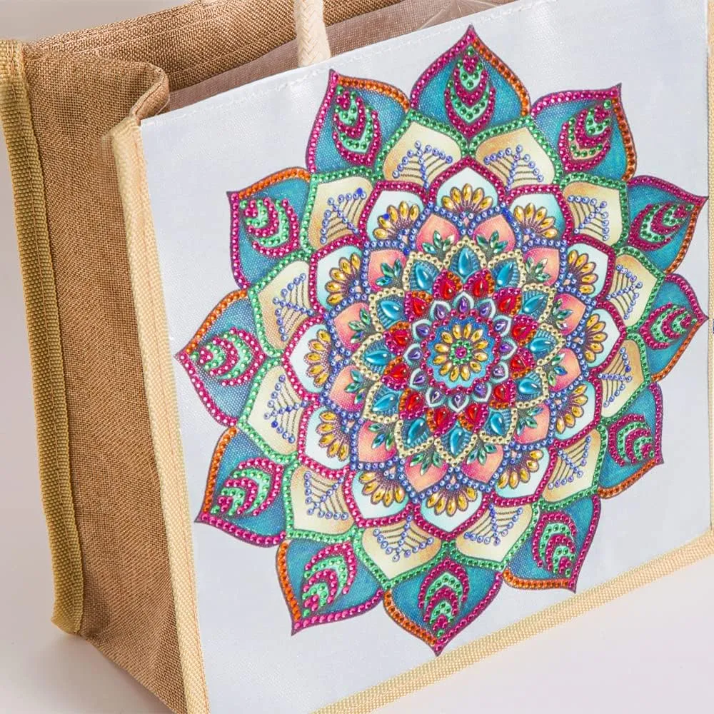 Diamond Painting Canvas Tote Bags 4 Pack Boho Diamond Dots Dotz Art Kits Shoulder Bags 5D DIY Handbags Handmade Gifts Reusable Shopping Bags with Handles for Women Adults Work (Mandala Flowers)