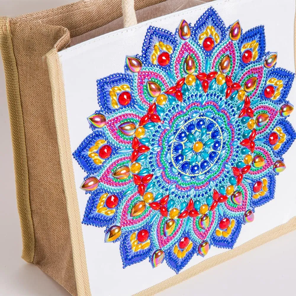 Diamond Painting Canvas Tote Bags 4 Pack Boho Diamond Dots Dotz Art Kits Shoulder Bags 5D DIY Handbags Handmade Gifts Reusable Shopping Bags with Handles for Women Adults Work (Mandala Flowers)