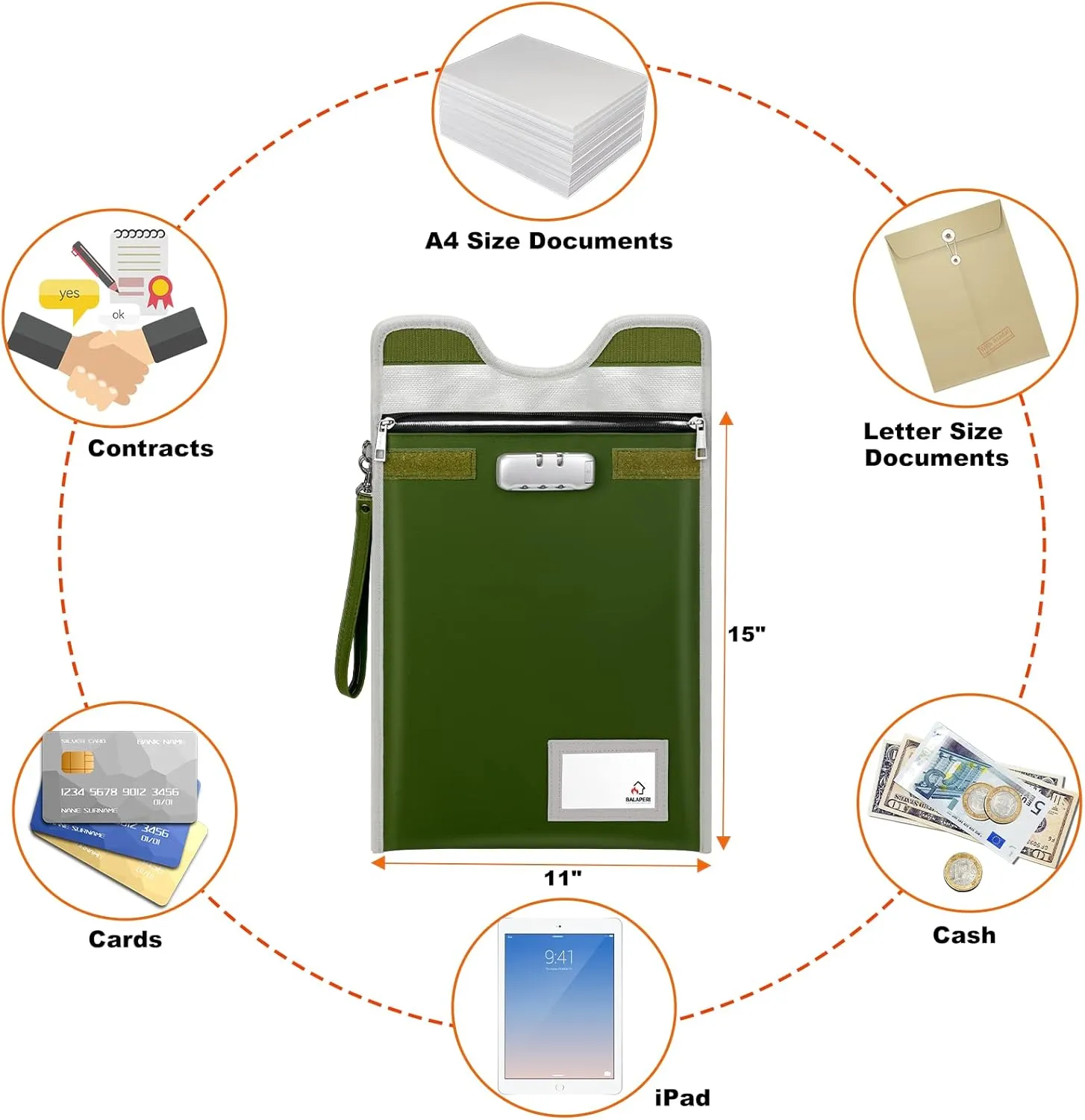 Document Safe Bag with Lock (5200℉), 15”x 11”Travel Document Holder, Fireproof Zipper Pouch for A4/A5/Legal/Letter Size Document, Tablet, Valuables, Money and Passport(Olive Drab)