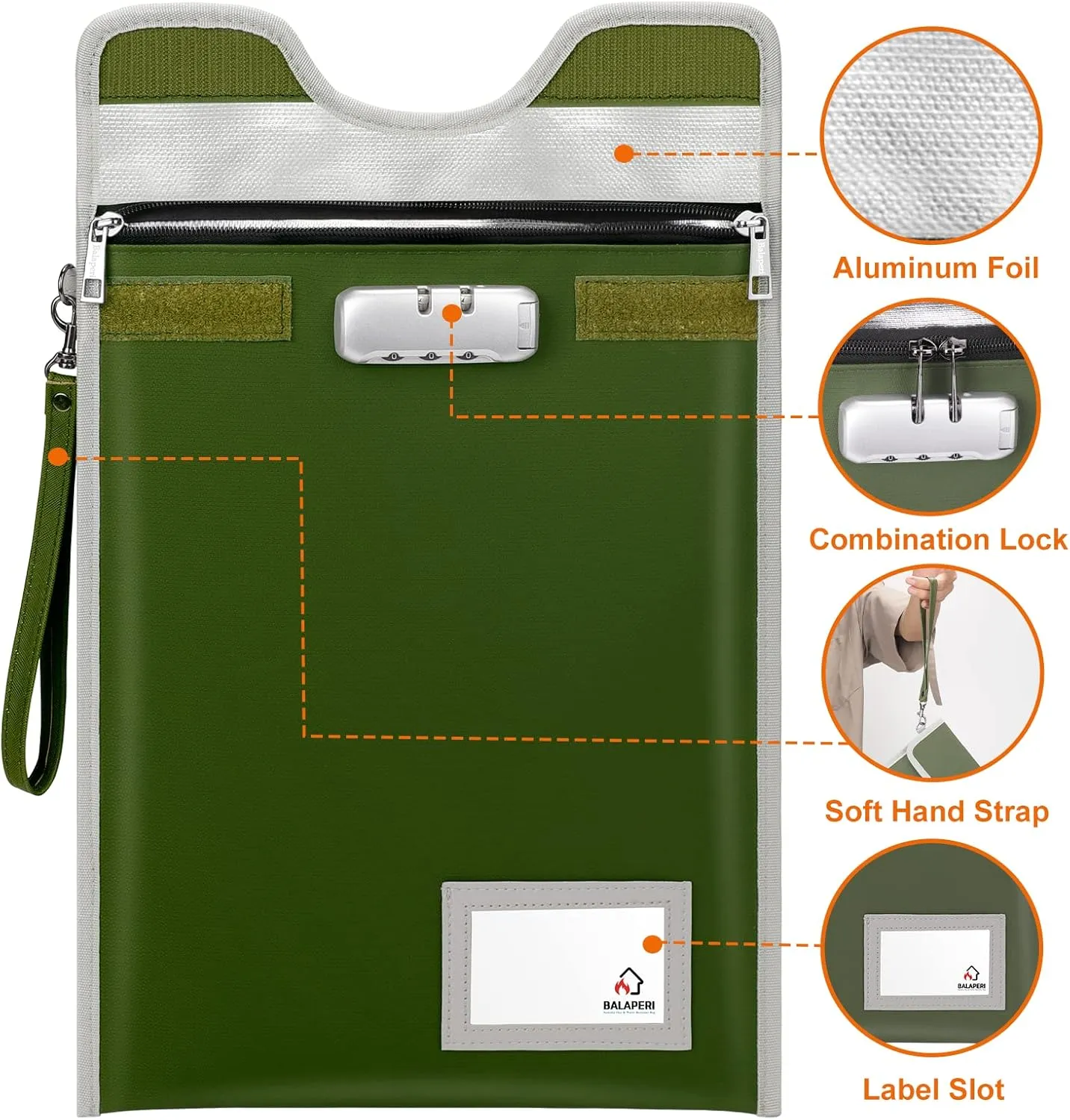 Document Safe Bag with Lock (5200℉), 15”x 11”Travel Document Holder, Fireproof Zipper Pouch for A4/A5/Legal/Letter Size Document, Tablet, Valuables, Money and Passport(Olive Drab)