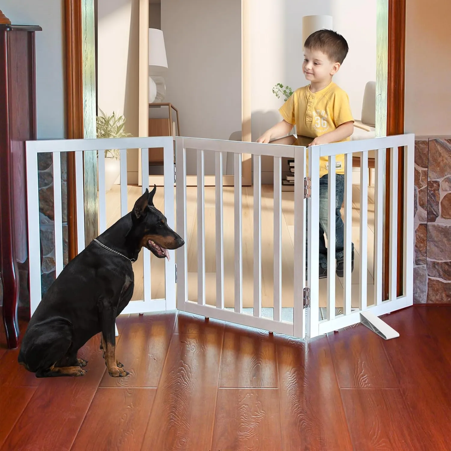 Dog Gate Indoor, Freestanding Dog Fence for The House, Doorways, Hallways,or Stairs,Pet Gate Foldable Wooden,Expandable 24" Height 3 Panels,White