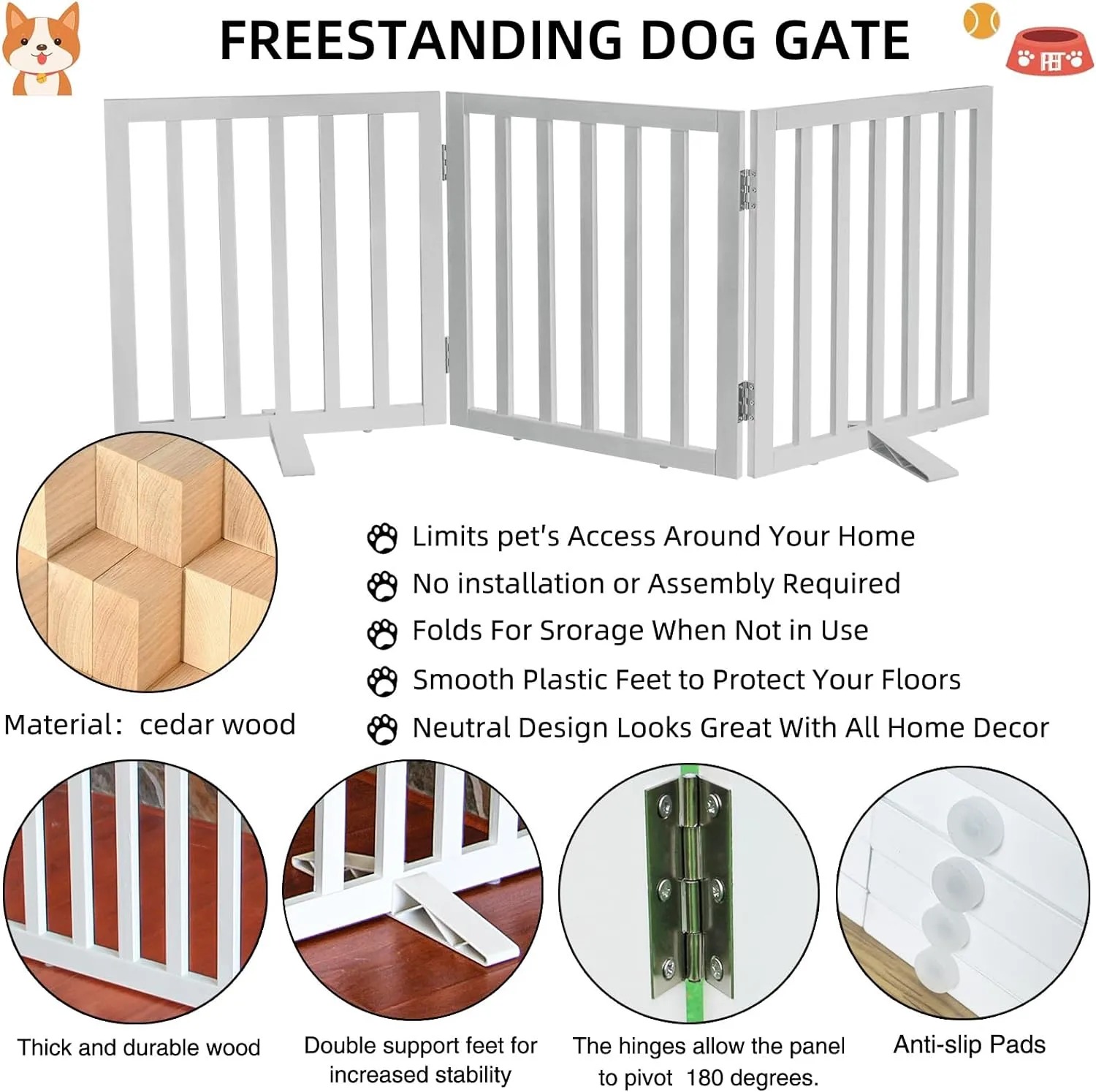 Dog Gate Indoor, Freestanding Dog Fence for The House, Doorways, Hallways,or Stairs,Pet Gate Foldable Wooden,Expandable 24" Height 3 Panels,White