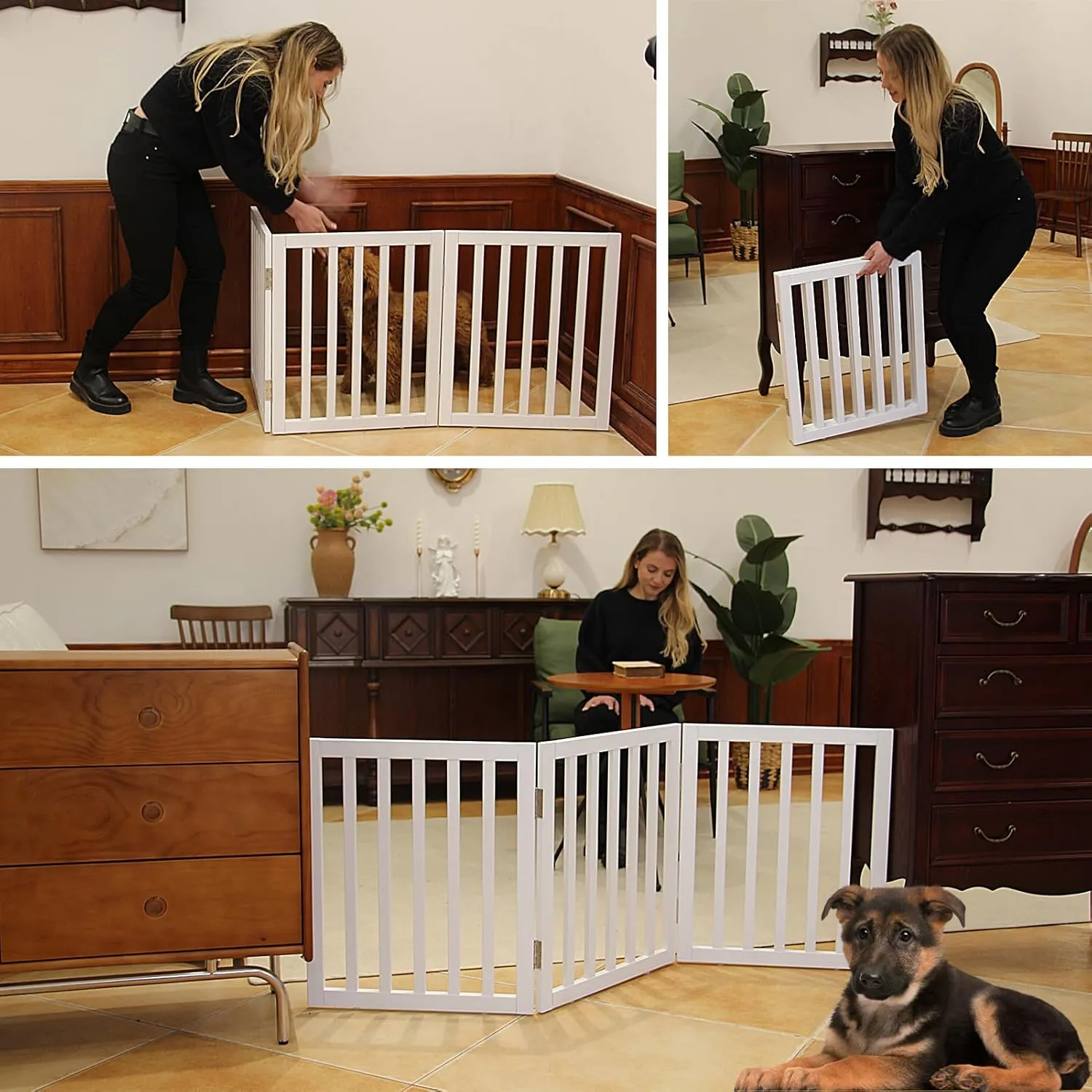 Dog Gate Indoor, Freestanding Dog Fence for The House, Doorways, Hallways,or Stairs,Pet Gate Foldable Wooden,Expandable 24" Height 3 Panels,White
