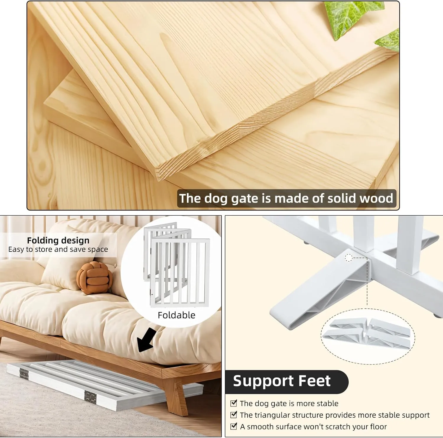 Dog Gate Indoor, Freestanding Dog Fence for The House, Doorways, Hallways,or Stairs,Pet Gate Foldable Wooden,Expandable 24" Height 3 Panels,White