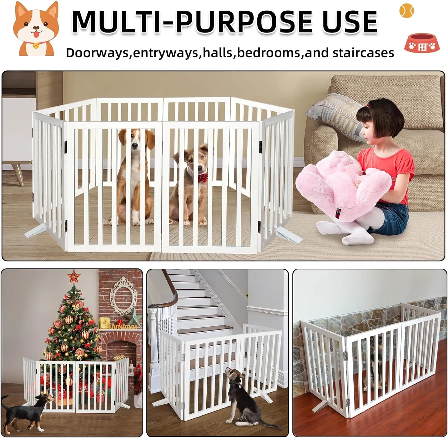 Dog Gate Indoor, Freestanding Dog Fence for The House, Doorways, Hallways,or Stairs,Pet Gate Foldable Wooden,Expandable 24" Height 3 Panels,White