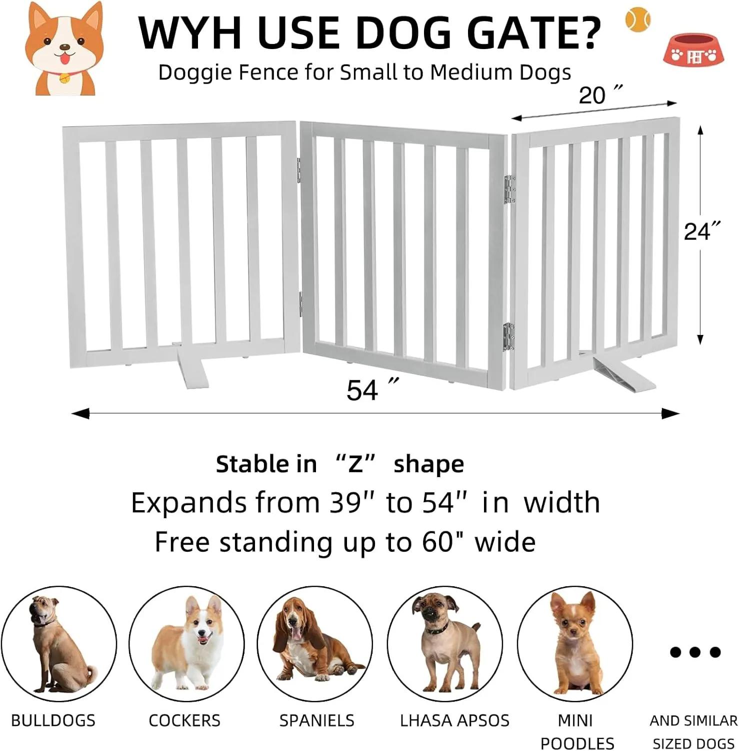 Dog Gate Indoor, Freestanding Dog Fence for The House, Doorways, Hallways,or Stairs,Pet Gate Foldable Wooden,Expandable 24" Height 3 Panels,White