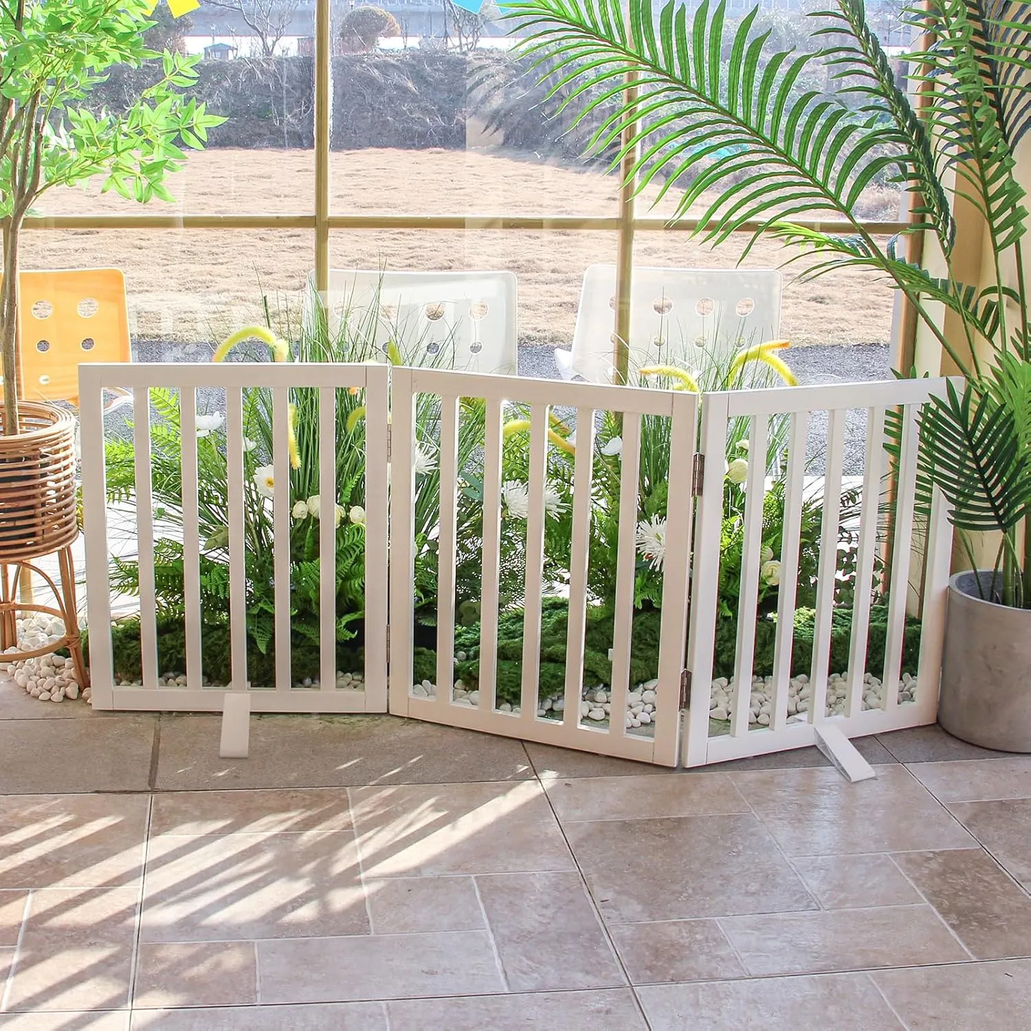 Dog Gate Indoor, Freestanding Dog Fence for The House, Doorways, Hallways,or Stairs,Pet Gate Foldable Wooden,Expandable 24" Height 3 Panels,White