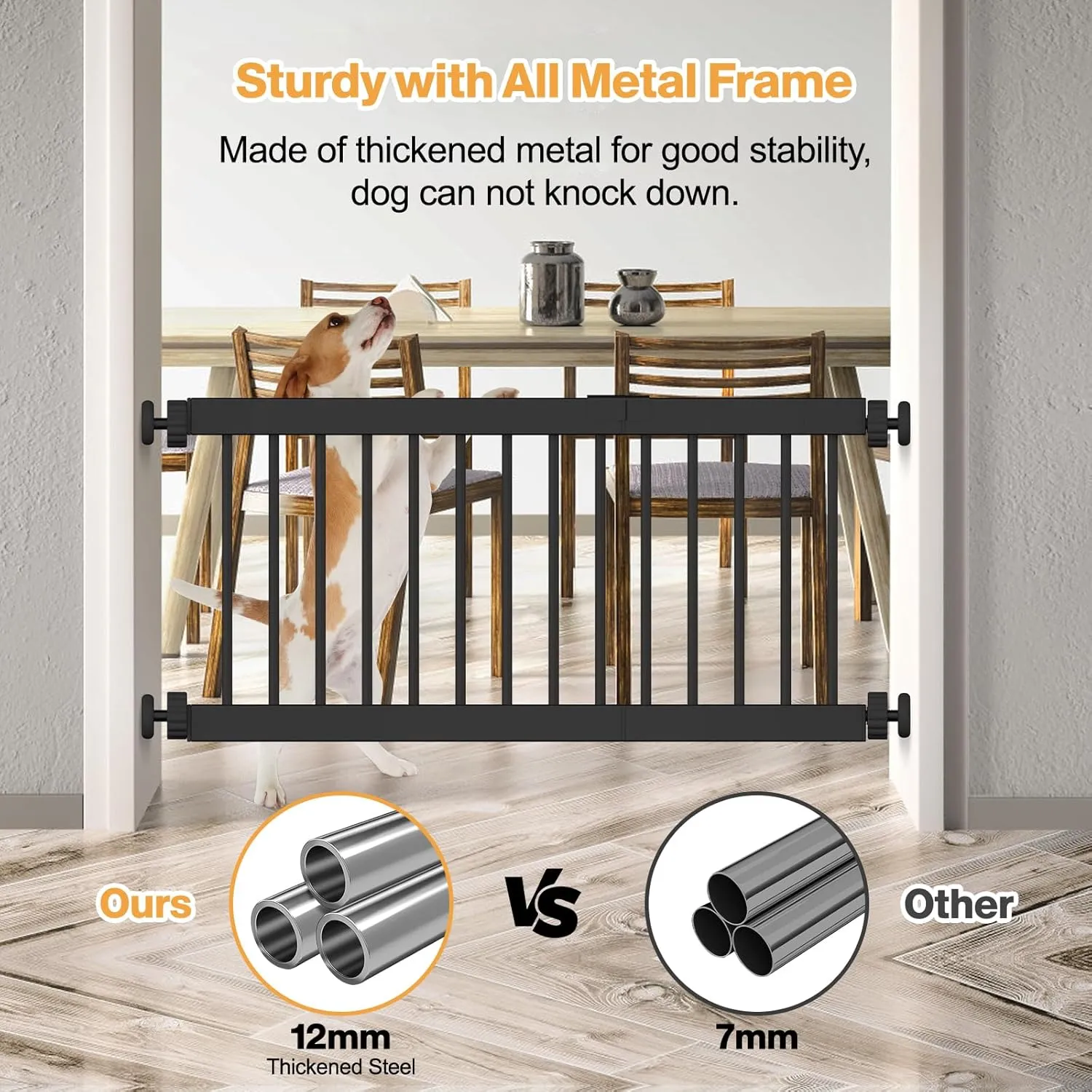 Dog Gate Indoor,18"-45" Adjustable Extra Wide Metal Short Dog Gate to Step Over, 14" Tall Small Pet Gate with 3 Extension Kits, Pressure Mounted for Doorways & Stairs Black