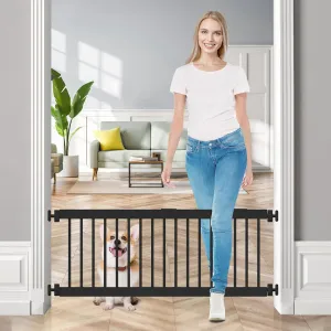 Dog Gate Indoor,18"-45" Adjustable Extra Wide Metal Short Dog Gate to Step Over, 14" Tall Small Pet Gate with 3 Extension Kits, Pressure Mounted for Doorways & Stairs Black