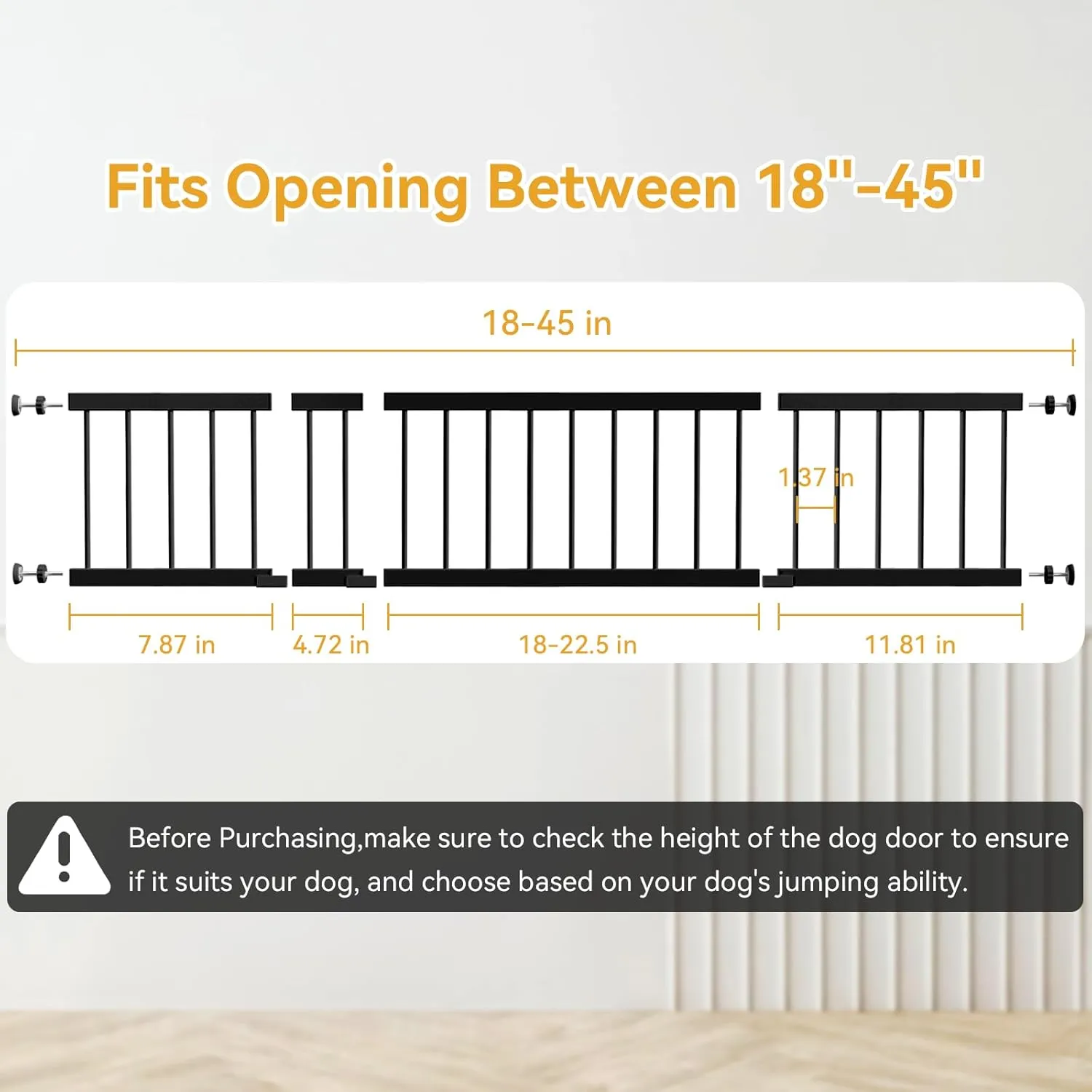 Dog Gate Indoor,18"-45" Adjustable Extra Wide Metal Short Dog Gate to Step Over, 14" Tall Small Pet Gate with 3 Extension Kits, Pressure Mounted for Doorways & Stairs Black