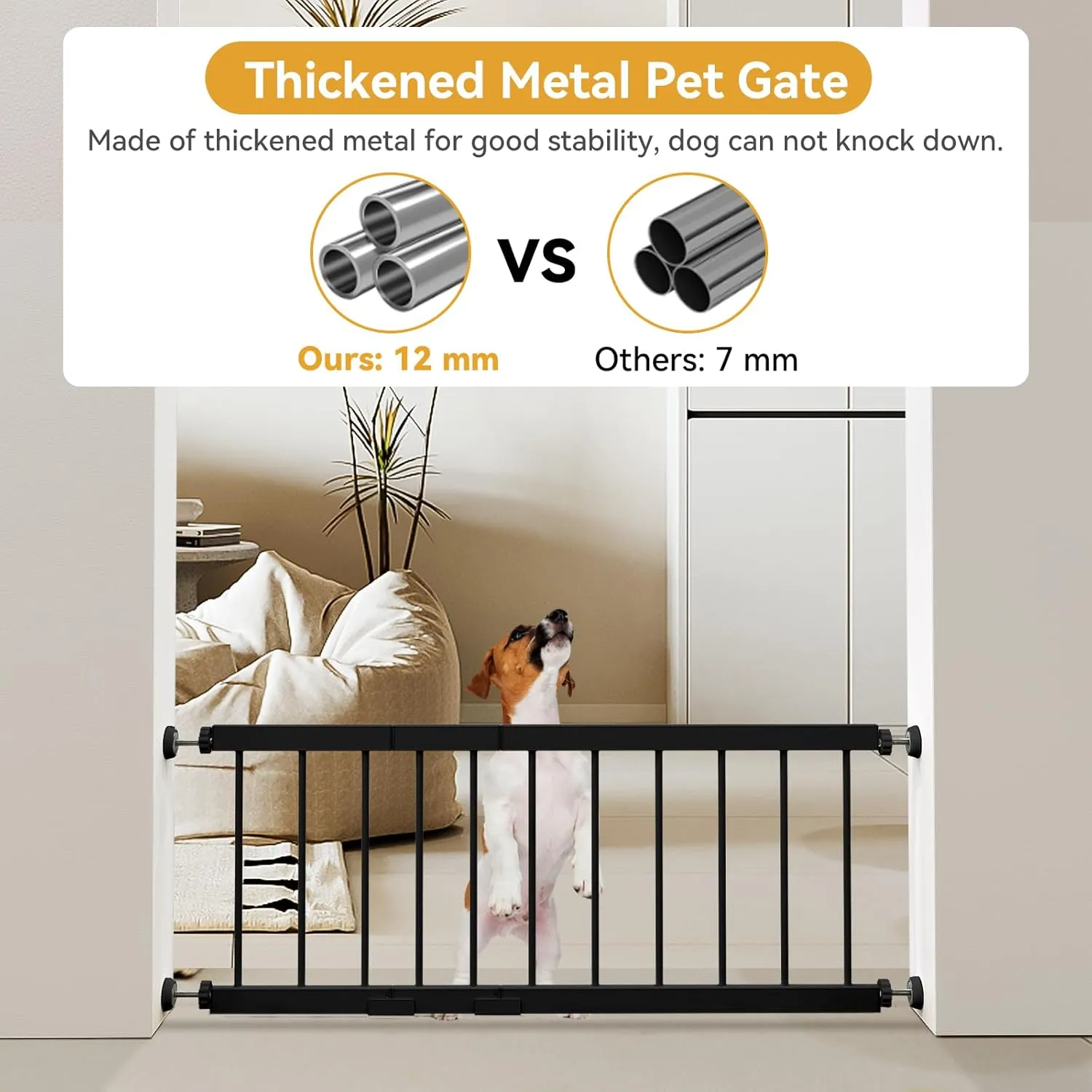 Dog Gate Indoor,18"-45" Adjustable Extra Wide Metal Short Dog Gate to Step Over, 14" Tall Small Pet Gate with 3 Extension Kits, Pressure Mounted for Doorways & Stairs Black