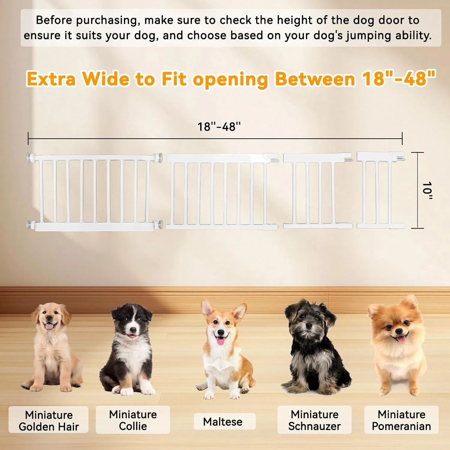 Dog Gate, SHYUJAJIE Adjustable Extra Wide Short Dog Gate,Small Pet Gate with 4 Extension Kits, Pressure Mounted for Doorways & Stairs (White, 18-48" W*10" H)