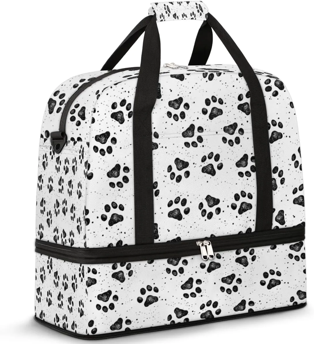 Dog Paw Print Black Gym Bag with Shoe Compartment Duffel Bag for Women Men Foldable Travel Bag Carry On Luggage Bag Overnight Tote Bag for Sport Workout Yoga