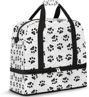 Dog Paw Print Black Gym Bag with Shoe Compartment Duffel Bag for Women Men Foldable Travel Bag Carry On Luggage Bag Overnight Tote Bag for Sport Workout Yoga