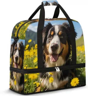 Dog Wildflower Bush Travel Duffel Bag for Women Men Weekender Overnight Bag with Shoe Compartment Foldable Sports Gym Luggage Bag