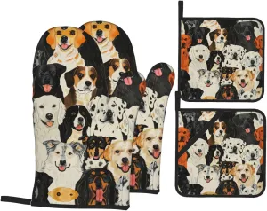 Dogs Pattern Print Convenient Oven Mitts Pot Holders Set Duty Heat Resistant Gloves with Quilted Liner