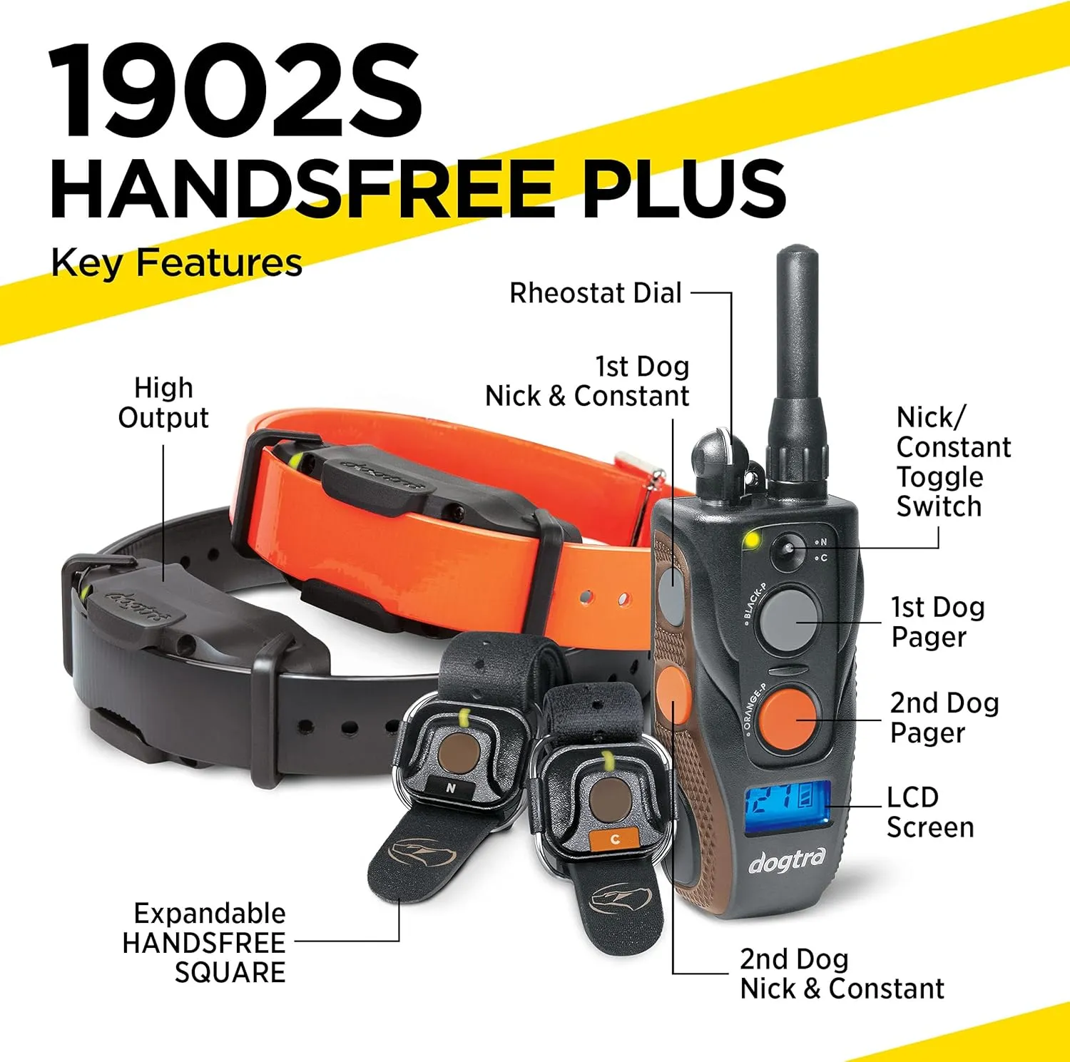 Dogtra 1902S HANDSFREE Plus 2-Dog Remote Dog Training E-Collar with Expandable HANDSFREE Square for Discreet Control Ergonomic Rechargeable 3/4-Mile Range Waterproof High-Output
