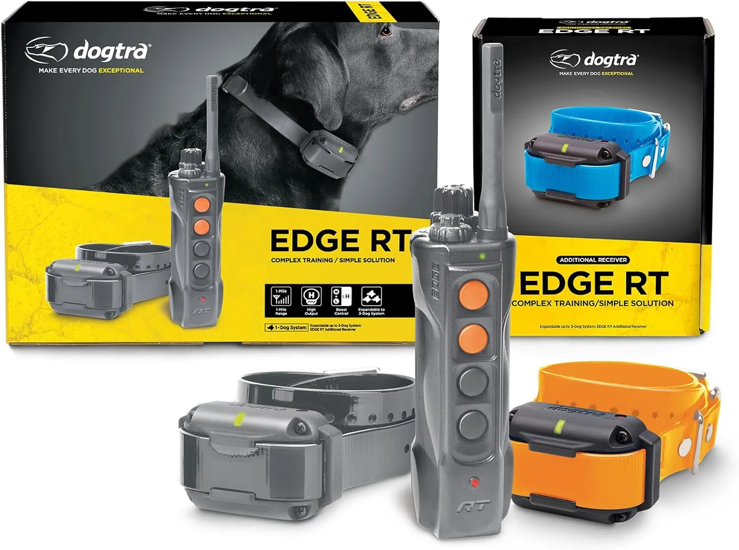 Dogtra e-Collar 2-Dog Edge RT Remote Dog Training eCollar System with Edge RT Additional Receiver Orange, Long Range, 3 Dog Expandable, with Combination Boost Control for Professionals