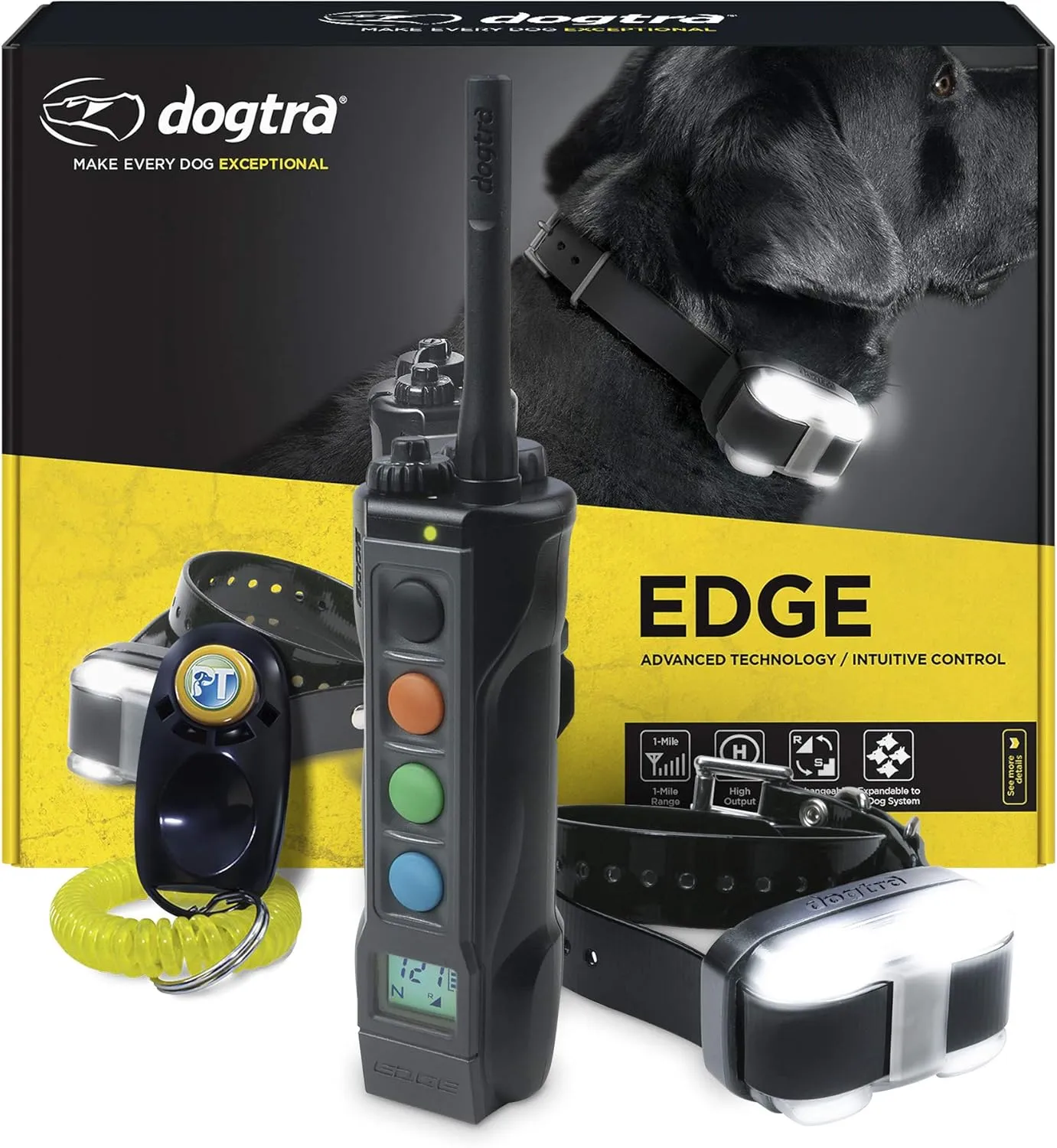 Dogtra Edge Electronic Dog Training Collar with Remote for Large and Medium Dogs 35  lbs - Up to 1-Mile Range, Vibration, 127 Stimulation Levels, Waterproof, 4 Dogs Expandable, Location Light