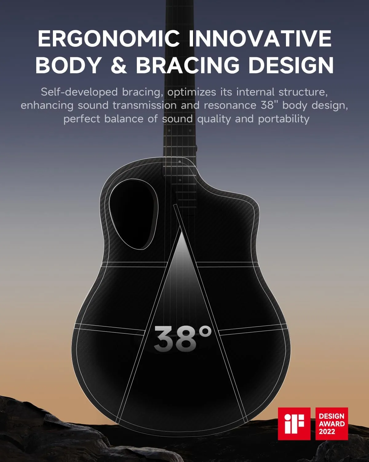 Donner 38" Carbon X Wood Acoustic Guitar Beginner & Intermediate Learner Kits - Carbon Fiber Top, Wooden Bowl, Durable Solid Acustica Guitarra with Case, Strap, Steel-String, RISING-G1(Satin, Black)