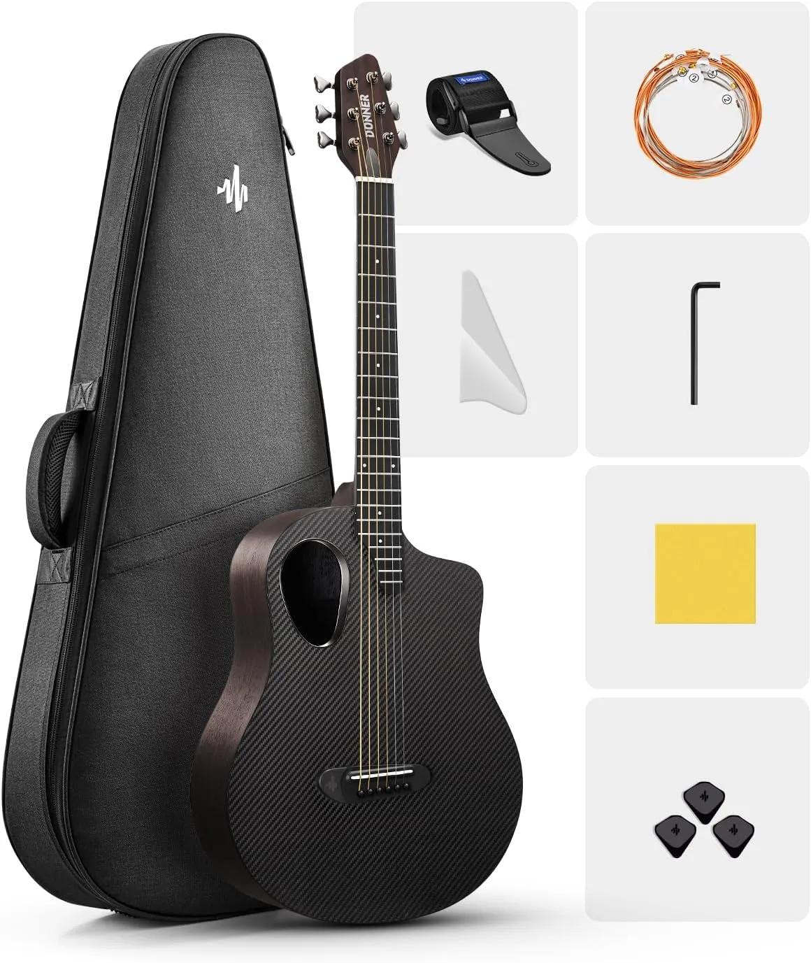 Donner 38" Carbon X Wood Acoustic Guitar Beginner & Intermediate Learner Kits - Carbon Fiber Top, Wooden Bowl, Durable Solid Acustica Guitarra with Case, Strap, Steel-String, RISING-G1(Satin, Black)