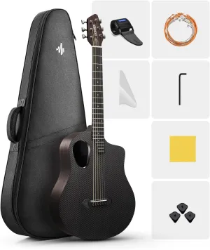 Donner 38" Carbon X Wood Acoustic Guitar Beginner & Intermediate Learner Kits - Carbon Fiber Top, Wooden Bowl, Durable Solid Acustica Guitarra with Case, Strap, Steel-String, RISING-G1(Satin, Black)