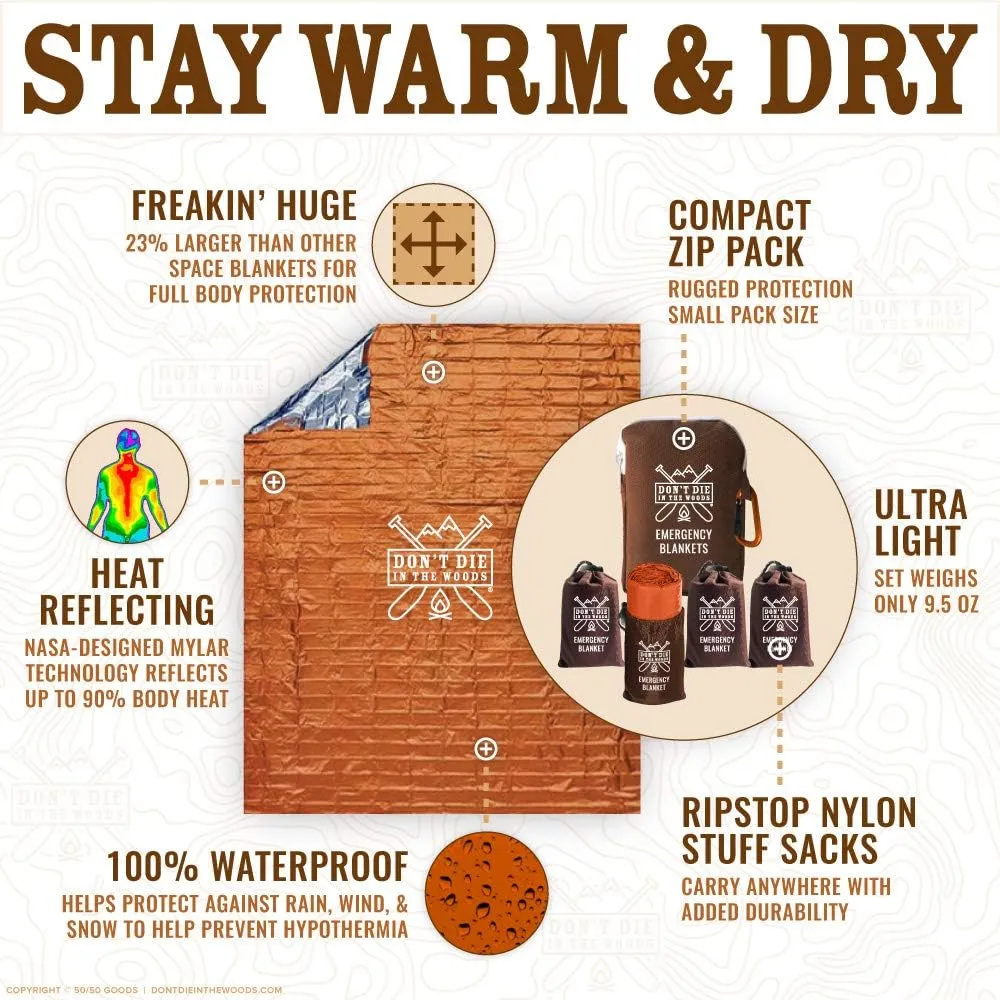 Don't Die In The Woods - Freakin’ Huge Emergency Blankets [4-Pack] Extra-Large Thermal Mylar Space Blankets with Ripstop Nylon Stuff Sacks   Carabiner Zipper Pack [Survival Orange]