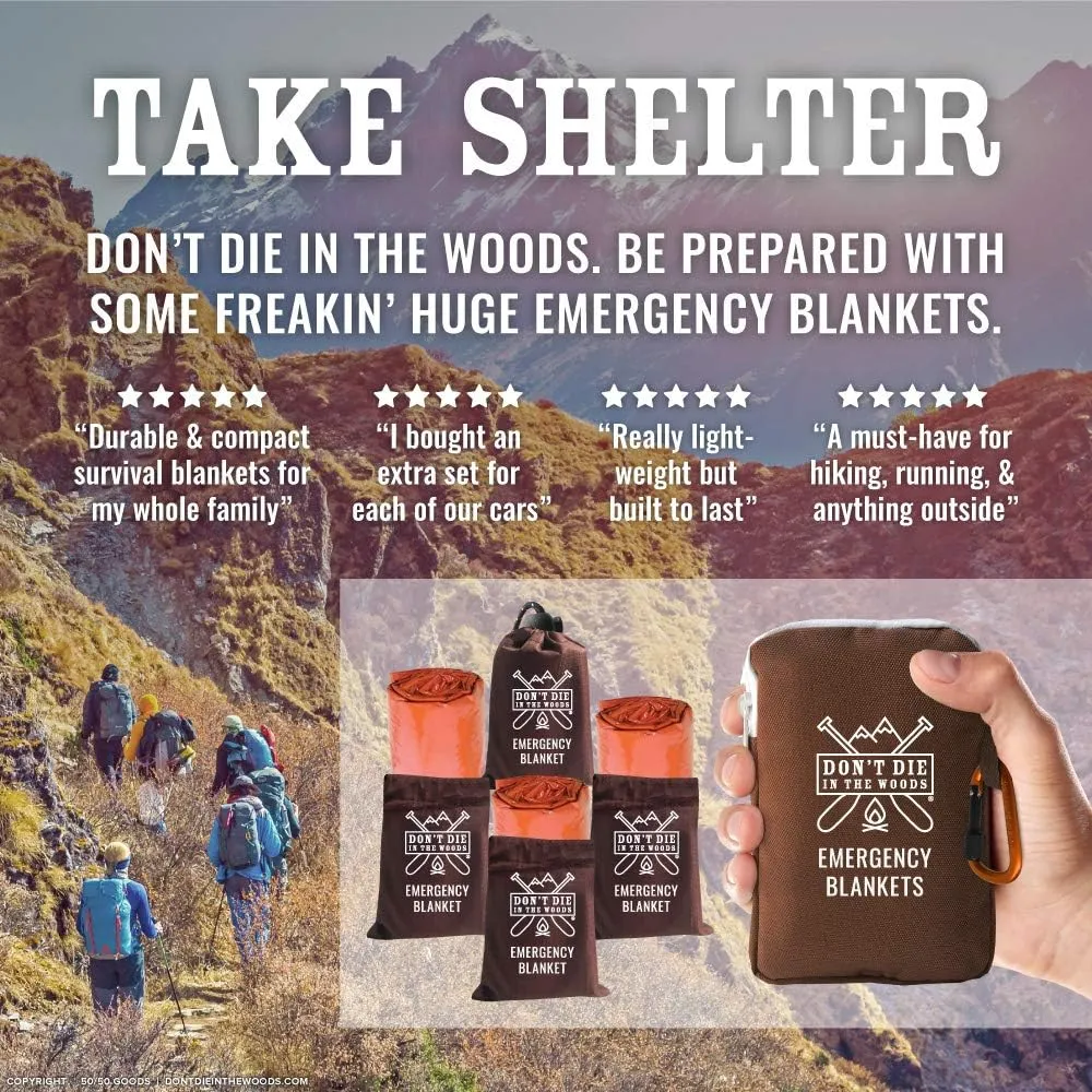 Don't Die In The Woods - Freakin’ Huge Emergency Blankets [4-Pack] Extra-Large Thermal Mylar Space Blankets with Ripstop Nylon Stuff Sacks   Carabiner Zipper Pack [Survival Orange]