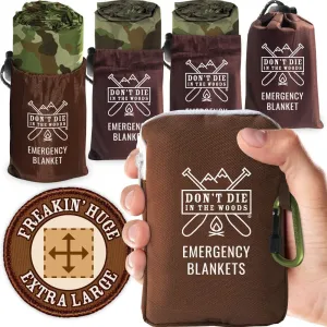 Don't Die In The Woods - Freakin’ Huge Emergency Blankets [4-Pack] Extra-Large Thermal Mylar Space Blankets with Ripstop Nylon Stuff Sacks   Carabiner Zipper Pack [Woodland Camo]