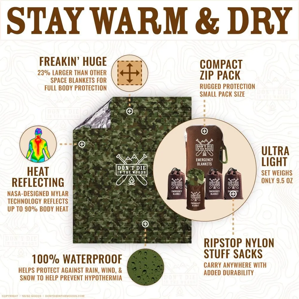 Don't Die In The Woods - Freakin’ Huge Emergency Blankets [4-Pack] Extra-Large Thermal Mylar Space Blankets with Ripstop Nylon Stuff Sacks   Carabiner Zipper Pack [Woodland Camo]