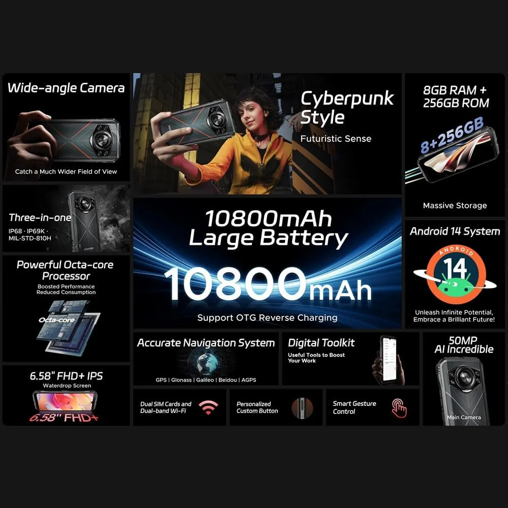 DOOGEE 4G Rugged Cell Phone Unlocked,20GB 256GB Android 14 Smartphone,10800mAh,50MP 16MP Camera, 6.58" HD  Display,Dual SIM/OTG/GPS/NFC S Cyber Smartphone Black