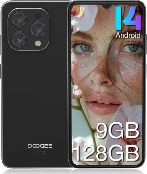 DOOGEE N55 Android Cell Phone, 6.56" HD  90Hz Display, 9GB RAM 128GB ROM/1TB Android Phone, 5150mAh Battery, Octa-Core, 13MP 8MP, Face Unlock, Widevine L1, OTG, Dual SIM, 4G LTE, ATT, T-Mobile(Black)