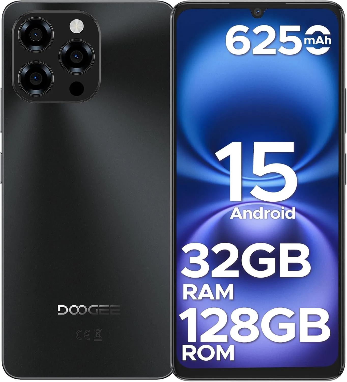 DOOGEE Note 58 Android 15 Unlocked Cellphone,32GB 128GB/2TB Expand Cell Phone with 6.75" HD  Waterdrop Screen, 6250mah Battery,4G Dual Sim Unlocked Smartphone, Widevine L1/NFC/OTG/Face Unlock, Black