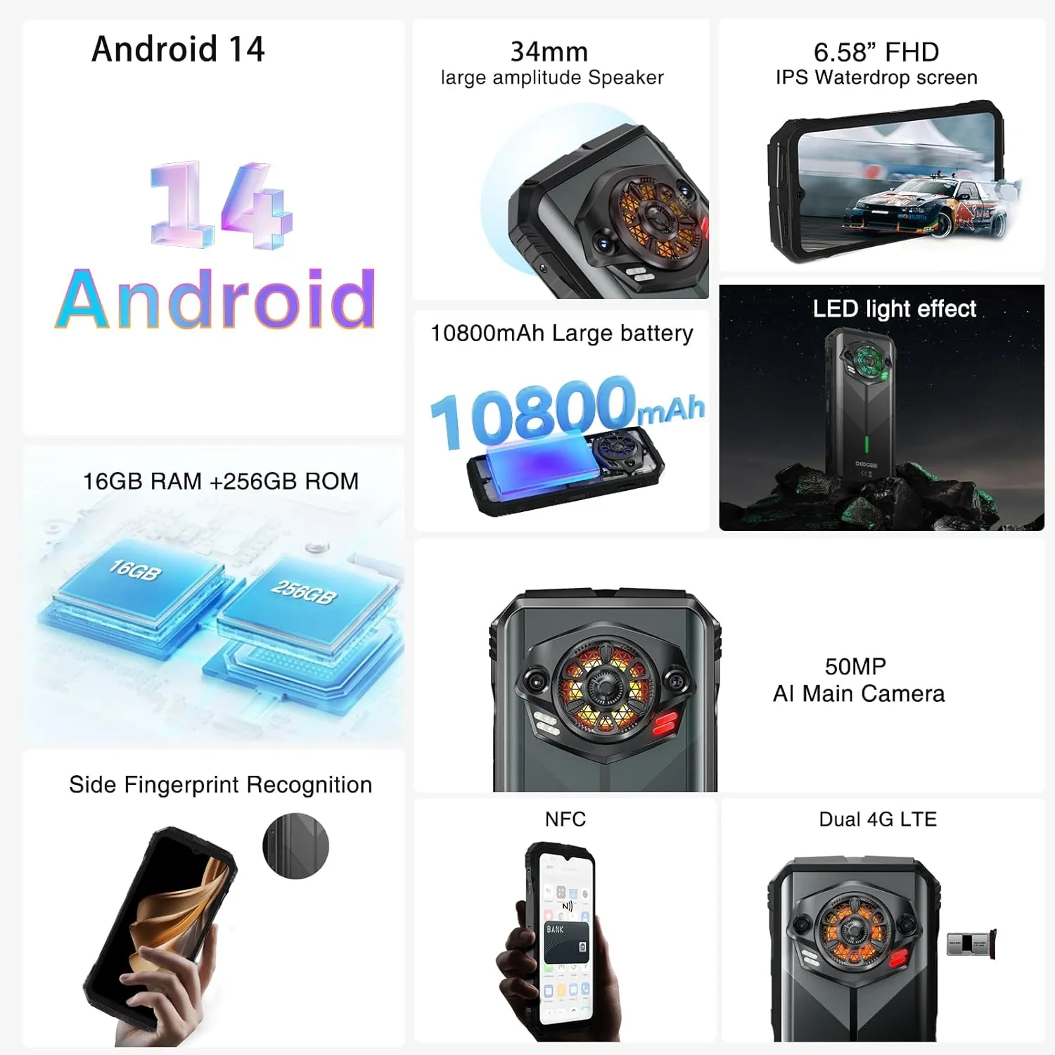 DOOGEE S Punk Rugged Smartphone Unlocked, 10800mAh Battery Rugged Phone, 16GB 256GB Cell Phone Android 14, 126dB Speaker, 6.58" FHD 90Hz,50MP 16MP,LED Light/Dual SIM/NFC/OTG/Face ID/Fingerprint, Dark