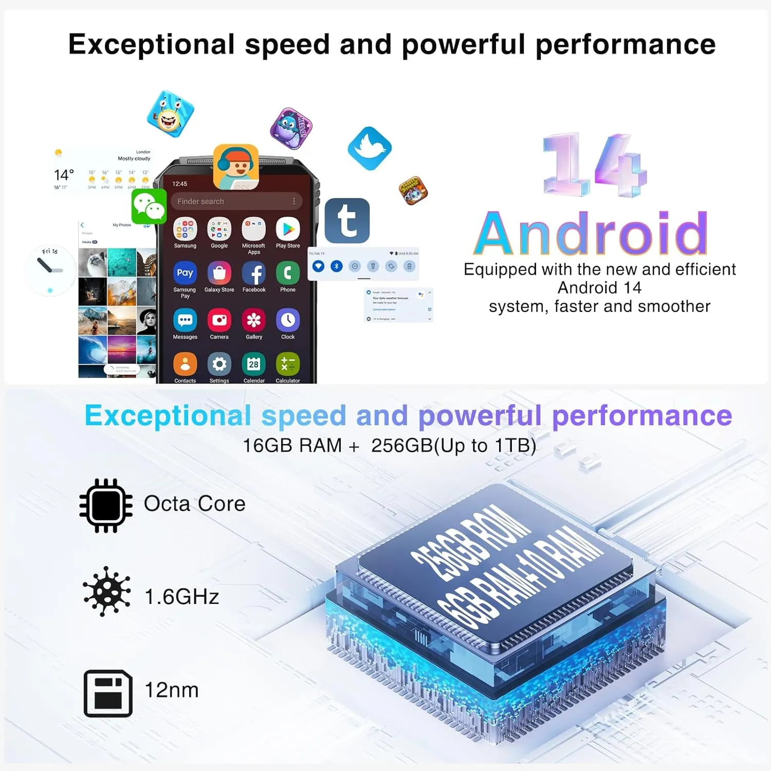 DOOGEE S Punk Rugged Smartphone Unlocked, 10800mAh Battery Rugged Phone, 16GB 256GB Cell Phone Android 14, 126dB Speaker, 6.58" FHD 90Hz,50MP 16MP,LED Light/Dual SIM/NFC/OTG/Face ID/Fingerprint, Dark