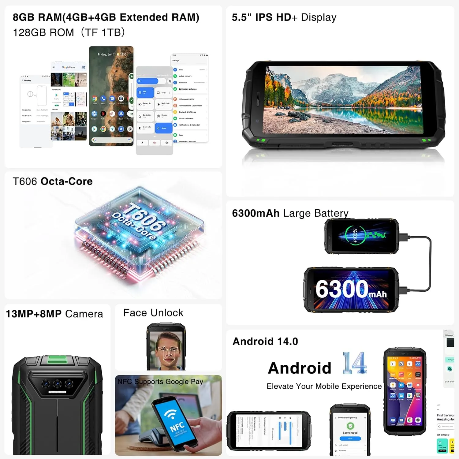 DOOGEE S41 Plus Rugged Smartphone 2024,6300mAh Battery,8GB 128GB/TF 1TB,Android 14 Smartphone,Octa Core,IP68 Waterproof Phone,13MP AI Main Camera Rugged Phone,5.5" IPS HD  Display,Face Unlock,OTG/NFC