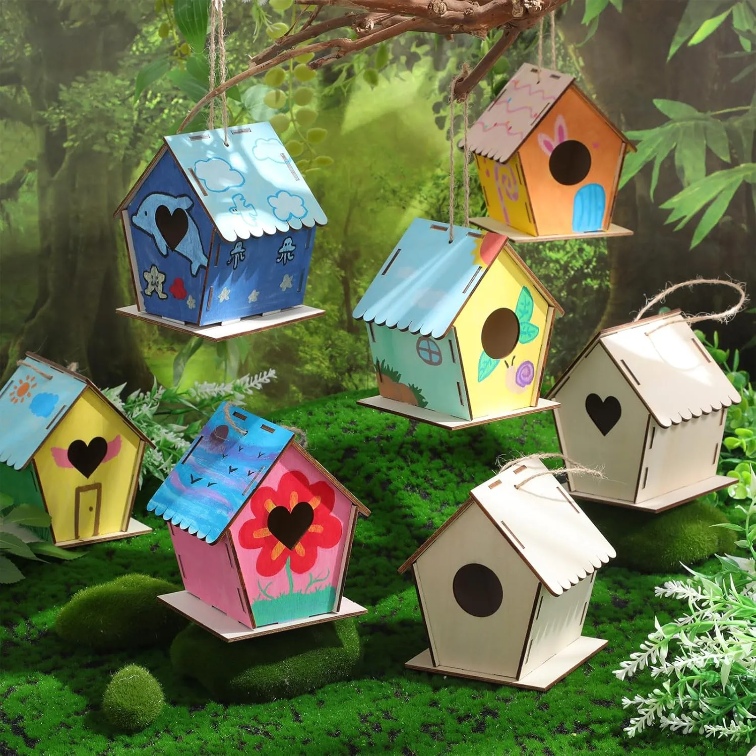 DoubleFill 12 Pack 4.33" Wooden Bird House Craft Kits for Kids DIY Birdhouse to Build and Paint Unfinished Hanging Birdhouse Bulk Summer Bird Feeder for VBS Class Creative Activity Art Party Gift