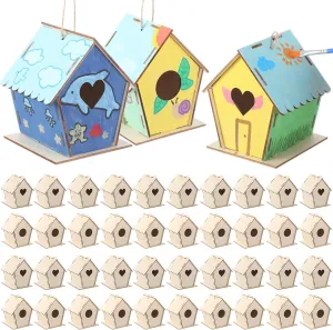 DoubleFill 12 Pack 4.33" Wooden Bird House Craft Kits for Kids DIY Birdhouse to Build and Paint Unfinished Hanging Birdhouse Bulk Summer Bird Feeder for VBS Class Creative Activity Art Party Gift