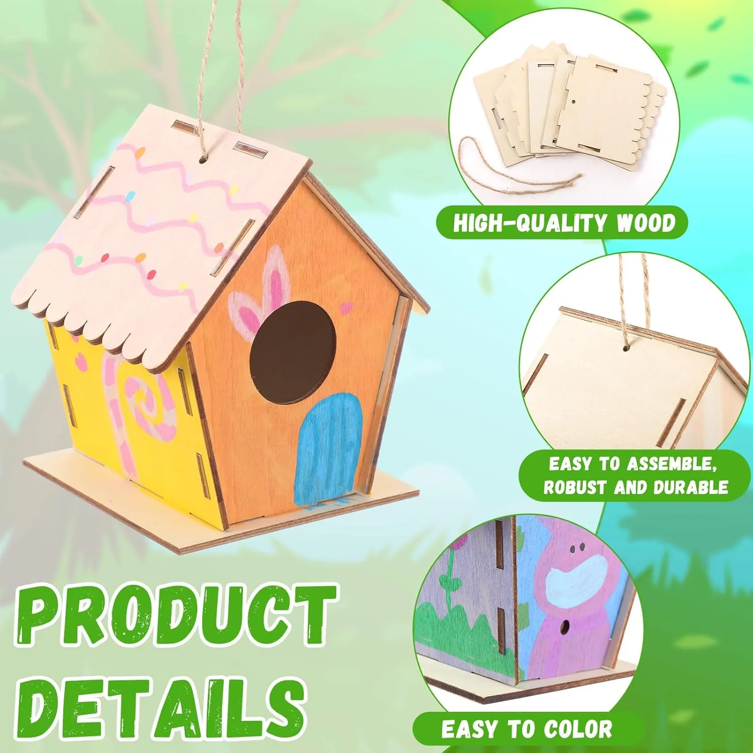 DoubleFill 12 Pack 4.33" Wooden Bird House Craft Kits for Kids DIY Birdhouse to Build and Paint Unfinished Hanging Birdhouse Bulk Summer Bird Feeder for VBS Class Creative Activity Art Party Gift