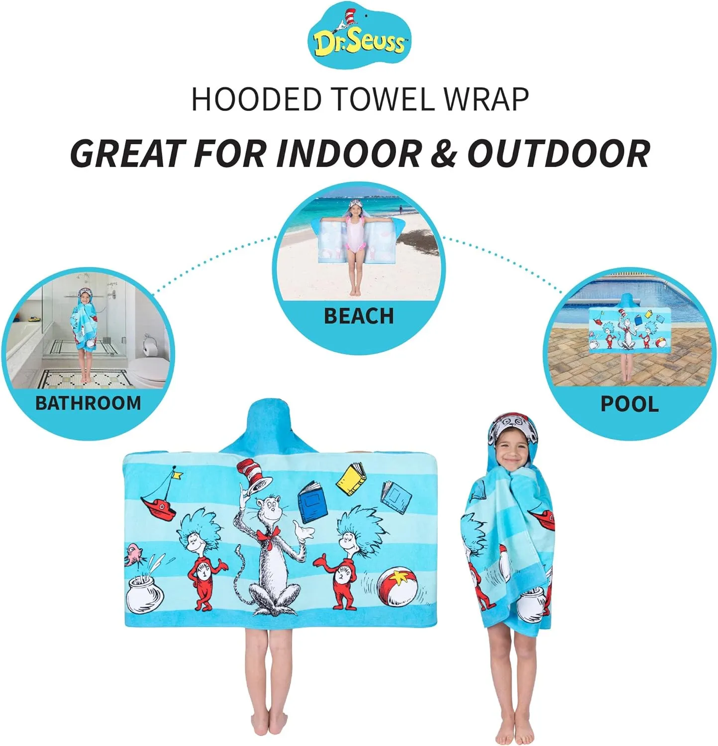 Dr. Seuss Cat In The Hat Bath/Pool/Beach Soft Cotton Terry Hooded Towel Wrap, 24 in x 50 in, By Franco Kids