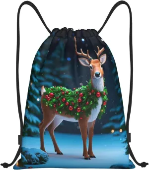 Drawstring Backpack Foldable String Bag Christmas Deer Resistant Sackpack Sports Gym Bag for Shopping Yoga