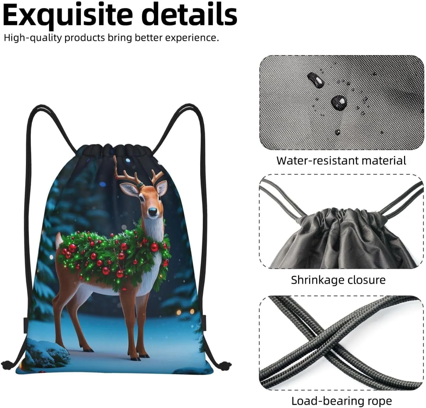 Drawstring Backpack Foldable String Bag Christmas Deer Resistant Sackpack Sports Gym Bag for Shopping Yoga