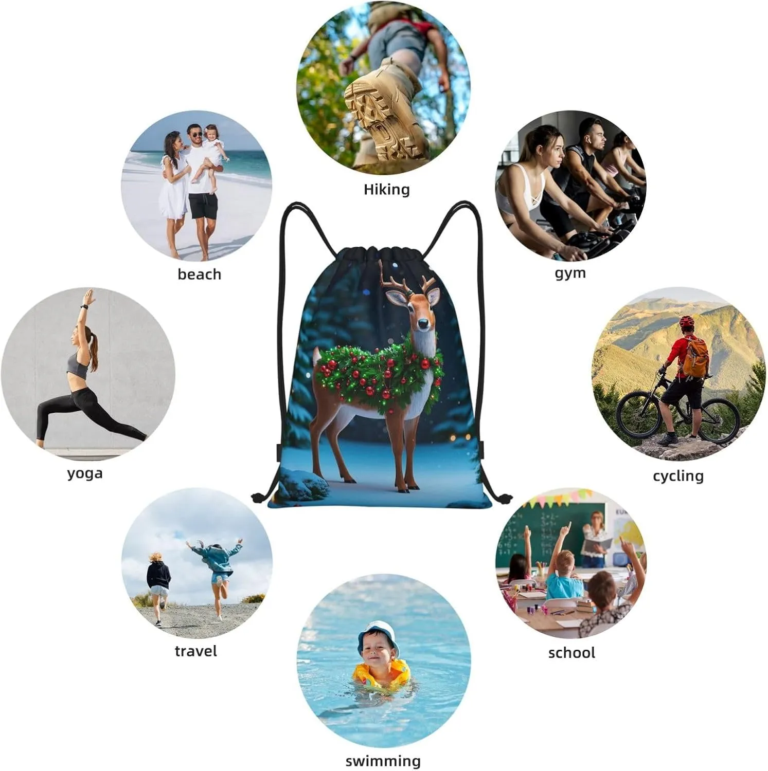 Drawstring Backpack Foldable String Bag Christmas Deer Resistant Sackpack Sports Gym Bag for Shopping Yoga