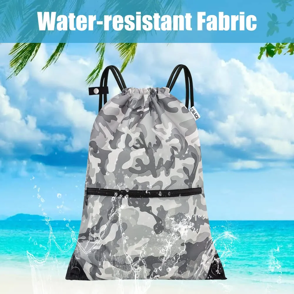 Drawstring Backpack Sports Gym Bag With Multi Pockets Grey Camo HLC004