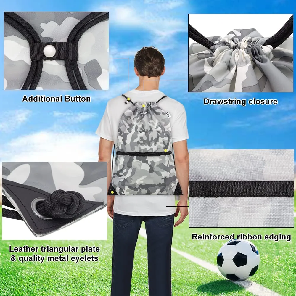 Drawstring Backpack Sports Gym Bag With Multi Pockets Grey Camo HLC004