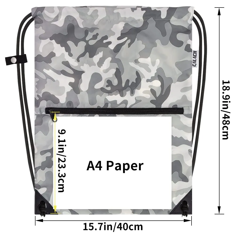 Drawstring Backpack Sports Gym Bag With Multi Pockets Grey Camo HLC004