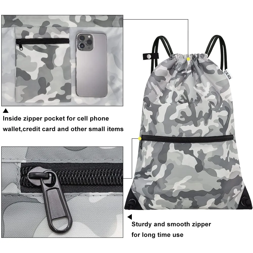 Drawstring Backpack Sports Gym Bag With Multi Pockets Grey Camo HLC004