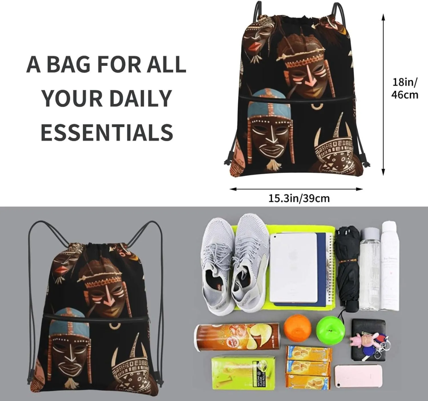 Drawstring Backpack Sports Gym Bags African Ritual Ethnic Tribal Drawstring Bags for Men Women Beach Bag String Bag