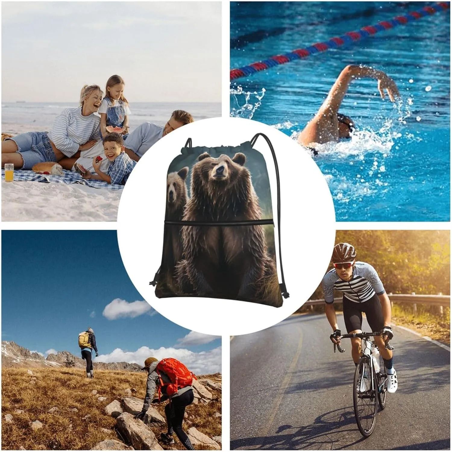 Drawstring Bag Gym Sack Drawstring Backpack Sport Gym Sack Cinch Bag Evening in Vancouver Sport Bags for Travel, Encounter Animal Bear, One Size